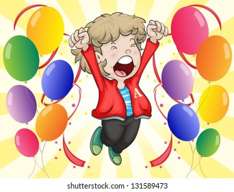 Illustration of a happy face of a boy with balloons around him