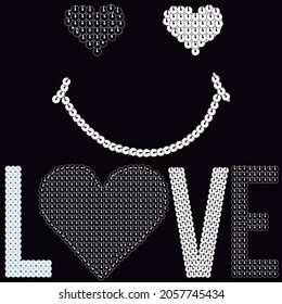 illustration, happy face and text in sequin with black background