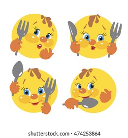 Illustration of Happy Faces with cutlery; Hungry Yellow flat Smiley face vector 