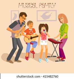 Illustration Of Happy Familly Playing Music And Singing Together. Vector