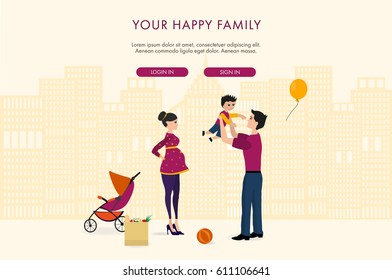 Illustration of happy family in a big city. Mother, Father and son walk in the street. Dad throws up  his son, pregnant mom stand next of them with baby stroller