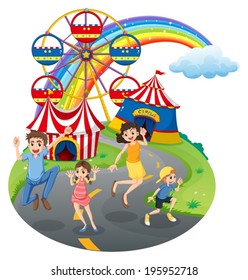 Illustration of a happy family at the carnival on a white background