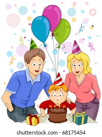Illustration of a Happy Family Celebrating the Child's Birthday