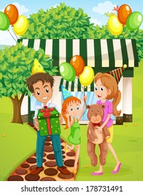 Illustration of a happy family celebrating outside the house