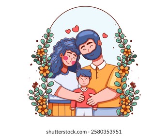 Illustration of a happy family consisting of a mother, father and child standing together and hugging each other.
Suitable for design themes related to family, love, togetherness, parenting, etc