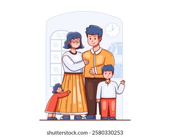 Illustration of a happy family in a cozy home with a father, mother and two children with a warm and happy togetherness.
Perfect for book cover, presentation, web, landing page, etc.