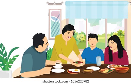 Illustration of happy family eating together in the kitchen. Family, food, breakfast. Vector flat illustration