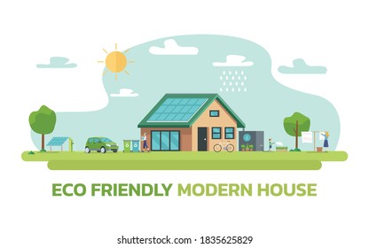 Illustration of happy family and eco friendly sustainable modern house