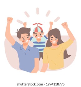 Illustration happy family father mother and son Raise arms cute, cartoon, flat, lifestyle, vector,
