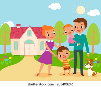 illustration of happy family in front of their sweet home