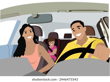 illustration of a happy family going on a trip or traveling with their new car. Vector Flat Illustration