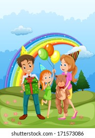 Illustration of a happy family at the hilltop and a rainbow in the sky
