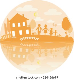 Illustration of happy family and house of dreams. Round icon in orange color. Vector