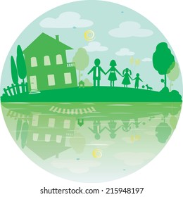Illustration of happy family and house of dreams. Round icon in green color. Vector