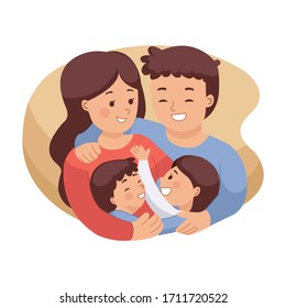 Illustration of happy family hugging each other. Medical Insurance image. Mom and Dad with daughter and son. International family day. Flat style vector isolated on white background.