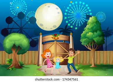 Illustration of a happy family inside the yard