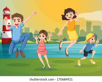 Illustration of a happy family jumping across the lighthouse