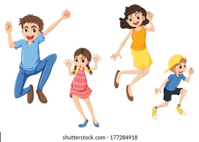 Illustration of a happy family jumping on a white background