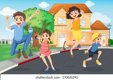 Illustration of a happy family jumping in the street