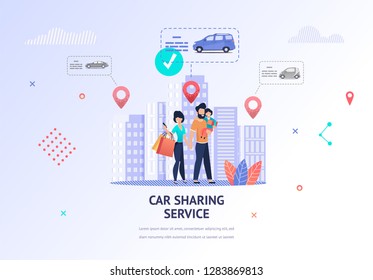 Illustration Happy Family Looking Car for Rent. Banner Vector Father Hold Child in her Hand, Mom Uses Car Sharing Service Mobile App for Car Selection. Technical Specification. Nearest Location