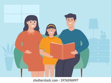 Illustration of happy family mom dad daughter reading a book together on chair at home vector design