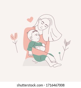 Illustration of happy family. Happy mother holding her child. Mother's day card.