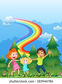Illustration of a happy family near the pine trees with a rainbow in the sky