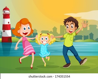 Illustration of a happy family near the river across the lighthouse