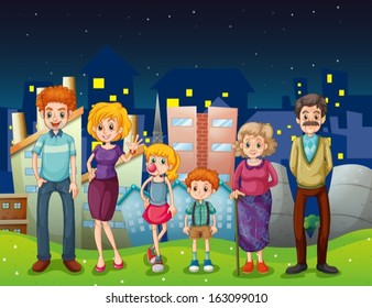 Illustration of a happy family near the tall buildings in the city