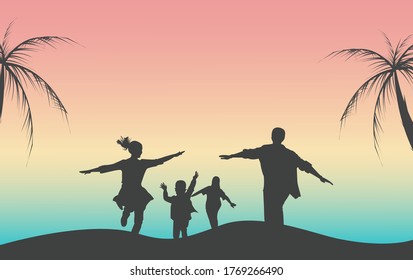 illustration of a happy family playing on the beach in the afternoon, with views of the afternoon sky and coconut trees.