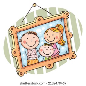 Illustration Of Happy Family Portrait In A Frame On The Wall. Photo For Memory