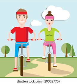 Illustration of happy family riding on bicycle together. Boy and girl.