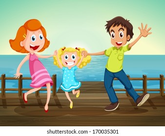 Illustration of a happy family at the seaport