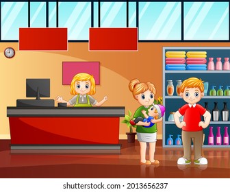 Illustration of happy family shopping in supermarket