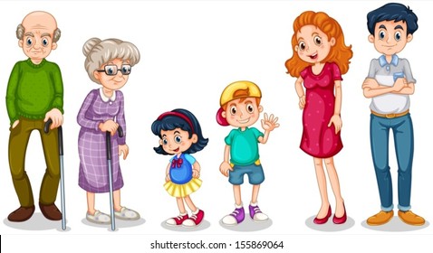 Illustration of a happy family with their grandparents on a white background