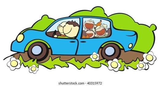 illustration of a happy family traveling by car