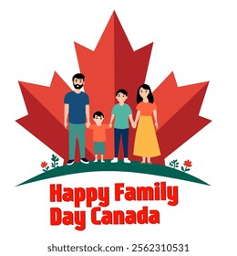 Illustration of a happy family with two children standing in front of a red maple leaf, symbolizing Family Day in Canada. Perfect for celebrating unity