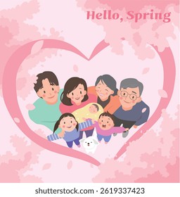 An illustration of a happy family under cherry blossoms in spring