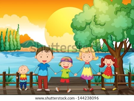Illustration of a happy family at the wooden bridge