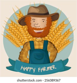 Illustration of happy Farmer and wheat