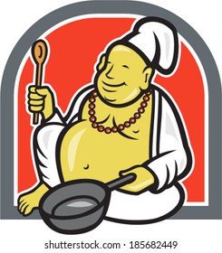 Illustration of a happy fat Buddha chef cook holding spatula and frying pan sitting down done in cartoon style