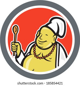 Illustration of a happy fat Buddha chef cook holding spatula set inside circle done in cartoon style