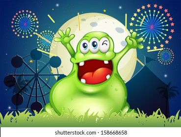 Illustration of a happy fat green monster at the amusement park