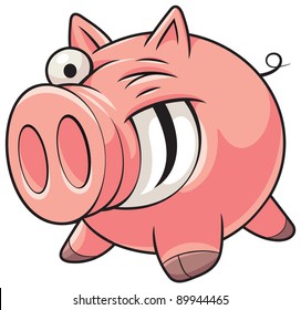 Illustration of a happy fat pink pig with a big smile showing teeth