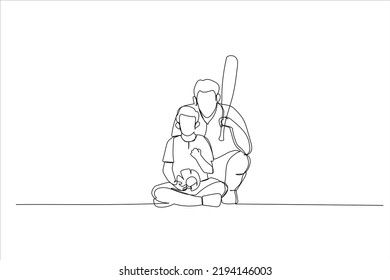 Ilustración de un padre feliz y su hijo jugando béisbol. Un estilo de arte de línea continua
