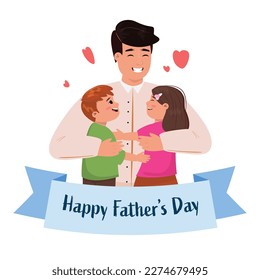 Illustration of a happy father hugging his children. Happy Father's Day illustration.