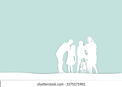 illustration of happy father mother son and daughter on outdoor paper art and digital craft style, Happiness family concept.