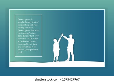 illustration of happy father and son playing on outdoor paper art and digital craft style, Happiness family concept.
