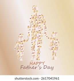 Illustration of Happy Father's Day greeting. Two cartoon children held by father.