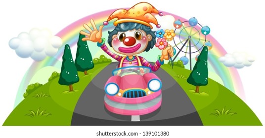 Illustration of a happy female clown riding on a pink car on a white background